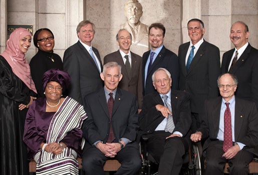 Eleven of the thirteen 2011 Nobel Laureates assembled for a group photo during their visit to the Nobel Foundation in Stockholm, 12 December 2011