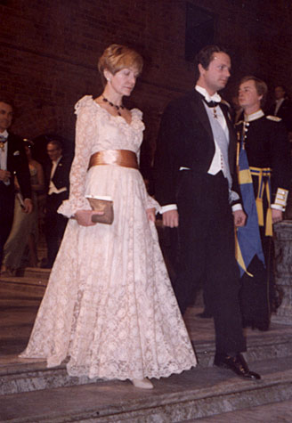 HM King Carl XVI Gustaf of Sweden walks down the stairway of the Blue Hall